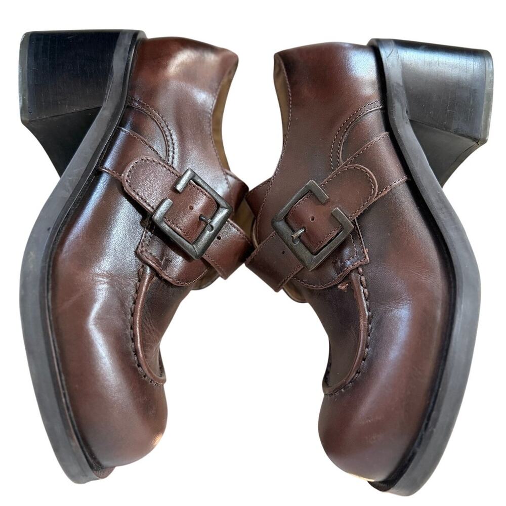 Vintage Y2K Arizona Brown Chunky Leather Buckle Heeled Loafers Grunge Indie